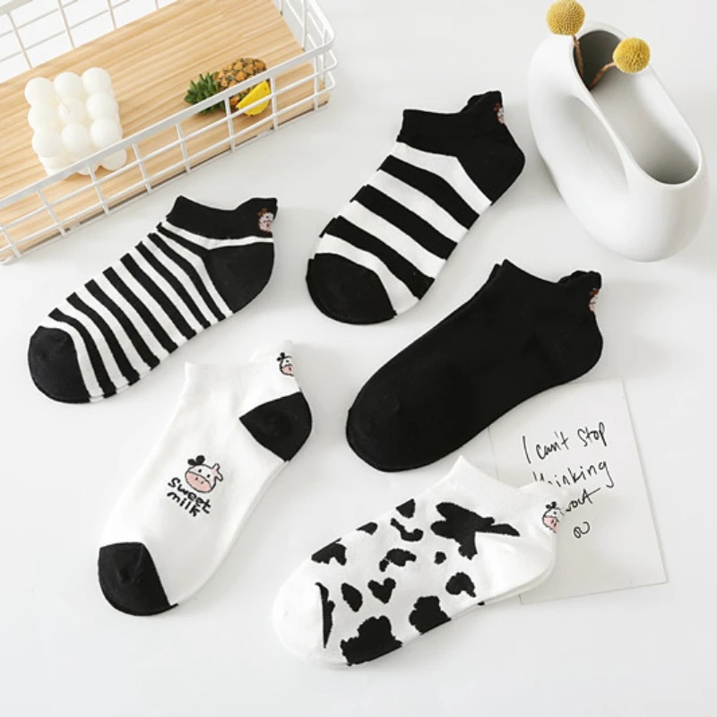 5 Pairs Spring Summer Thin Fashion Women Sock Cartoon Cow Harajuku Kawaii Cute Girl Happy Funny Boat Socks