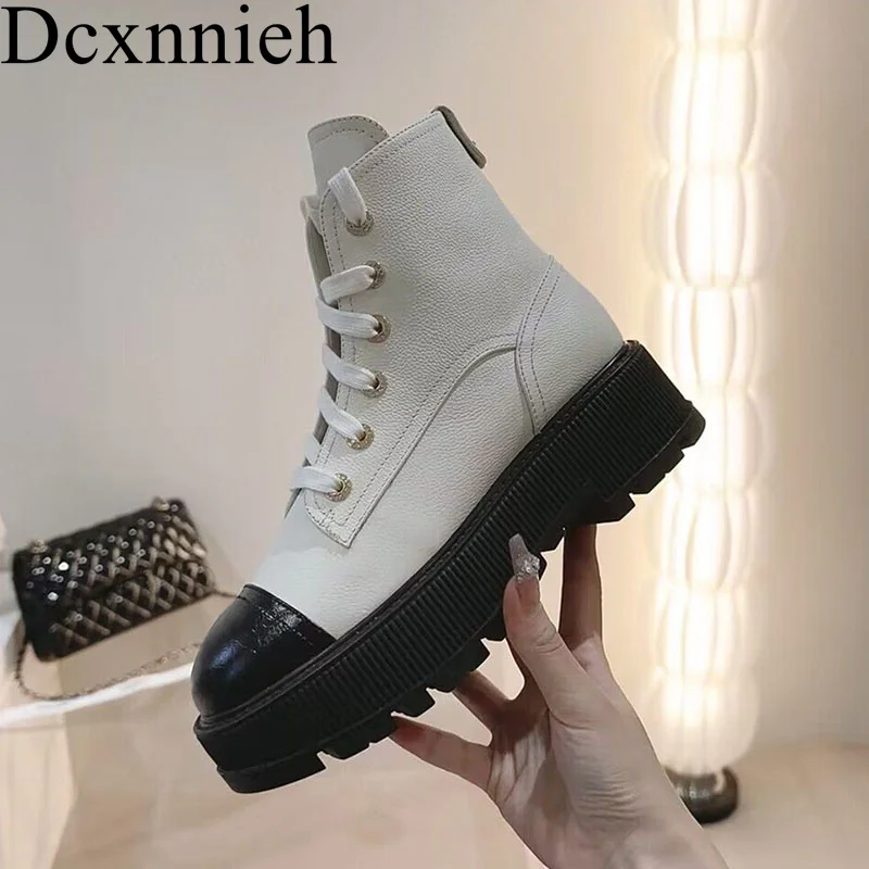 

Women Genuine Leather Short Boots Round Toe Thick heel Short Botas Mixed Colors Autumn Winter Lacing Versatile ankle Botas