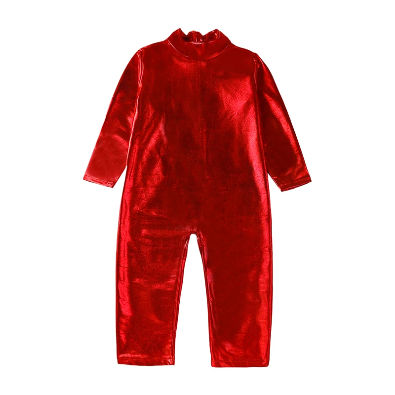 

Toddler Girl Halloween Costume Long Sleeve Mock Neck Solid Color Romper Metallic Jumpsuit Unitard Party Clothes