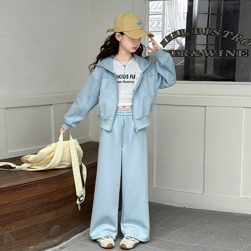 2026 autumn teenager girls Suit Clothes Bat crop Top jacket hooded & wide leg Pants tracksuit 4 5 8 10 11 12 14 Years Child set 5
