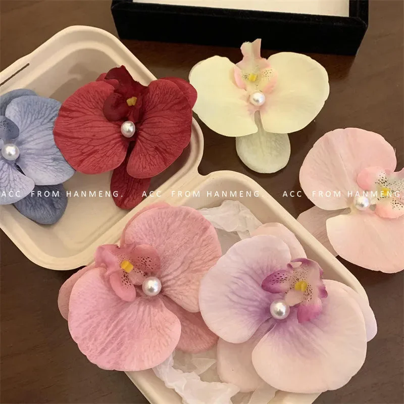 Dolce rosa fiore di orchidea fermaglio per capelli copricapo coreano fiore di perla hairgrip mollette ornamento accessori per capelli da sposa della Boemia - immagine 2