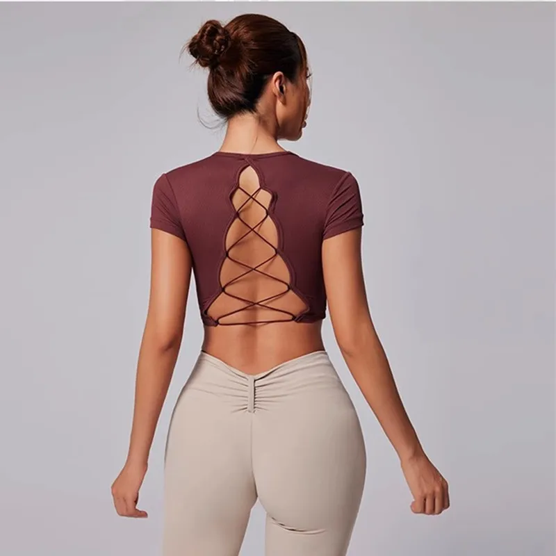 YUSHUHUA New Weave Backless Cropped Yoga Top Short Sleeve Round Neck Sport Shirt Padded Gym Women Breathable Run Fitness Tshirt