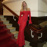 Oligai Autumn Off-Shoulder Maxi Dress Elegant Lace Flare Sleeves Red Evening Party Dress Women's New Arrival 2025 Cocktail Dress - Image 3