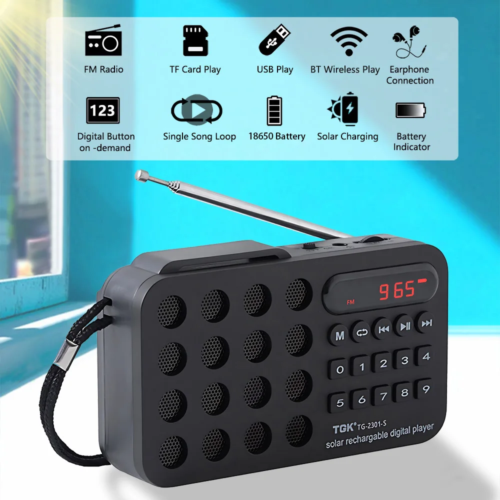 Portable Radio Rechargeable Mini Solar Bluetooth Wireless Speaker Support USB TF Card MP3 Music Player with FM Radio Receiver