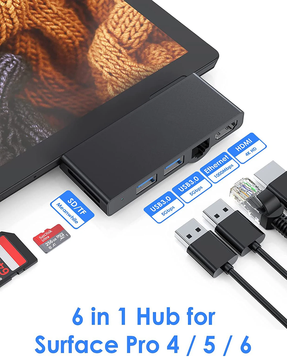 Dock Di Espansione Per Microsoft Surface Pro 4 Usb3.0 Hub Sd/Tf Hdmi4K Rj45 Adattatore Usb Di Tipo C A 6 Porte Per Surface Pro 4/5/6 2018
