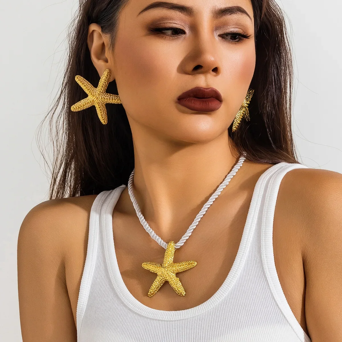 Gold Color Conch Starfish Seashell Earrings Boho Ocean Scallop Shell Ear Studs Statement Star Necklace Summer Beach Jewelry Gift