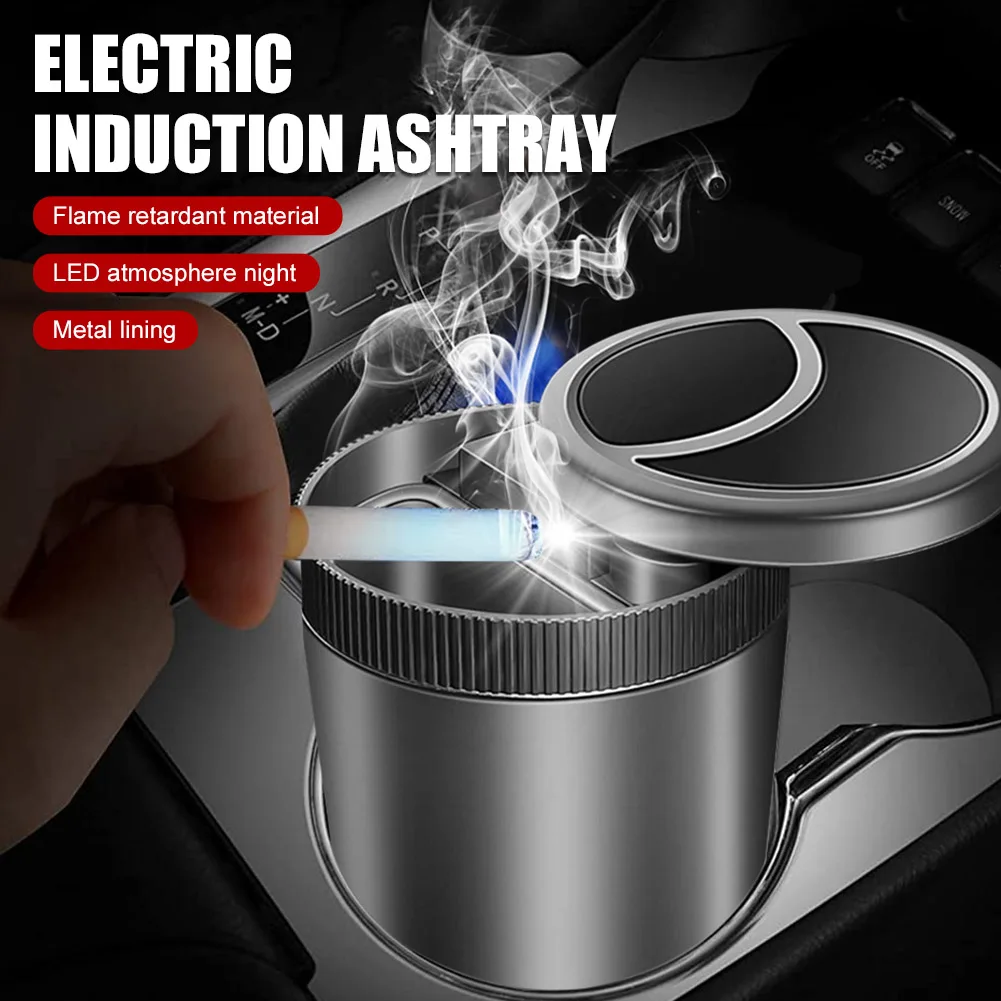 

Car Smart Ashtray Automatic Opening and Closing with LED Light Infrared Sensor Metal Smokeless Ashtray with Lid Sealing Ring