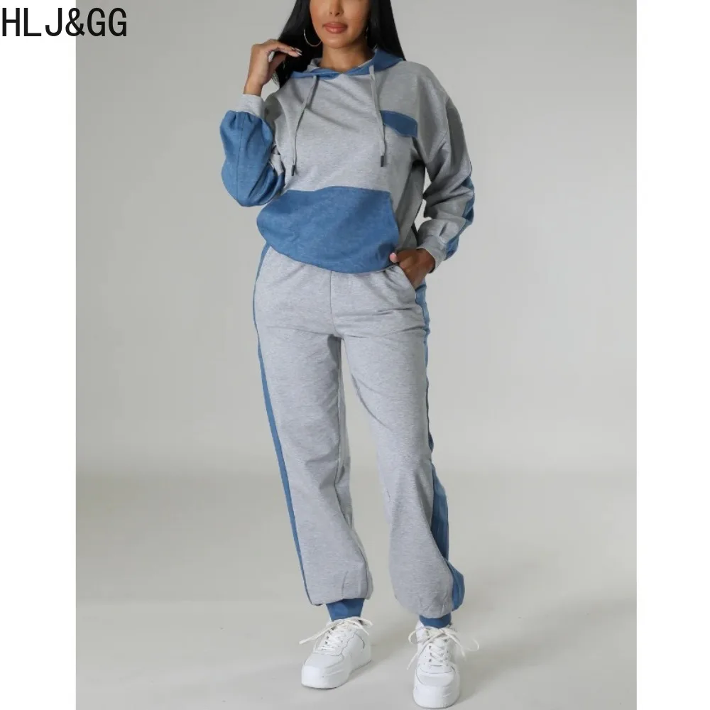 HLJ&GG Autumn Casual Blue Splicing Hooded Tracksuits Women O Neck Long Sleeve Pocket Top And Jogger Pants Two Piece Sets Outfits find pocket note blue grid блокнот