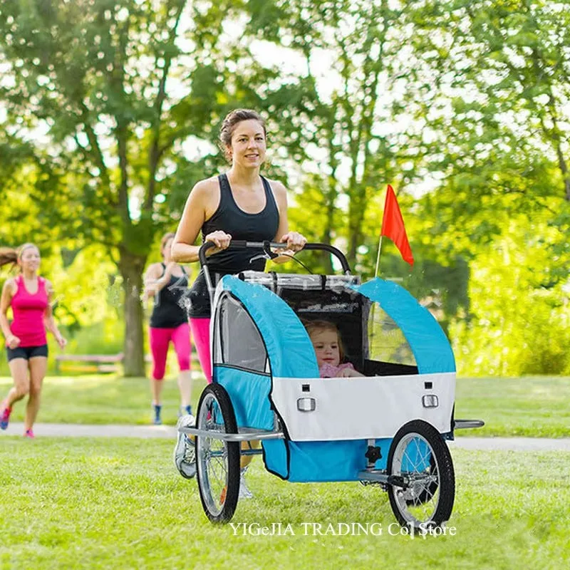 2 in 1 Double Children Bike Trailer with Brake, Twins Jogger Stroller, Tandem Bicycle Carrier