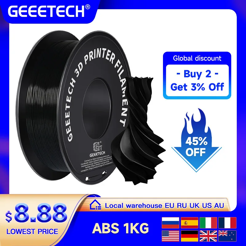 Geeetech  ABS 3D Filament 1.75mm 1KG plastic, 3D Printer Material, Tangle-Free, Non-Toxic, Vacuum Packaging