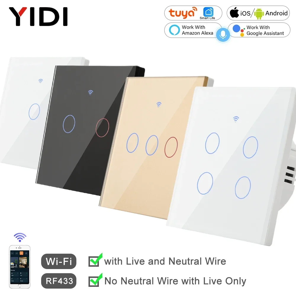 1 2 3 4 Gang 2 3 Way WiFi RF 433mhz Tuya สมาร์ทไร้สาย Touch Wall Light พร้อมปุ่มสวิทช์ 220V ไม่มี Neutral EU Alexa Google 1