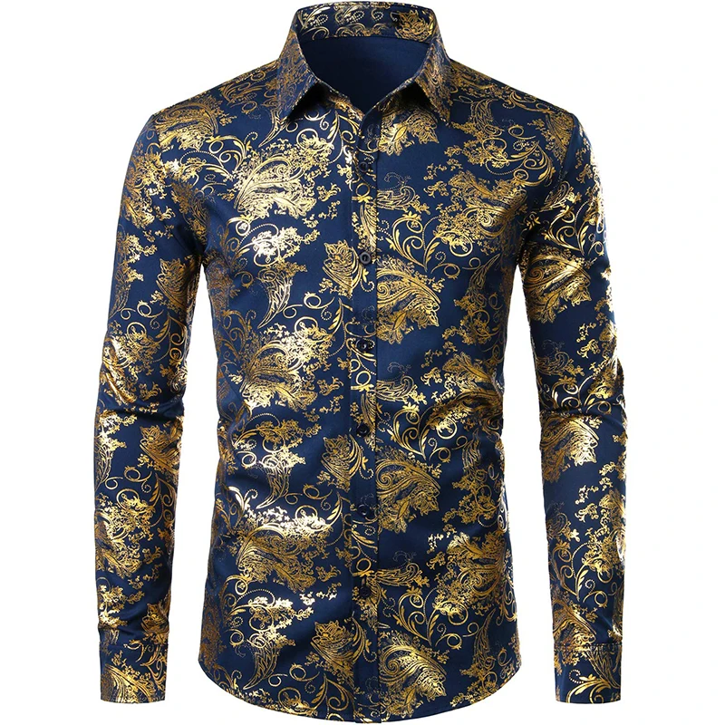 thumbnail image 1 of Camisa de vestir con estampado floral dorado de lujo para hombre, camisas de manga larga con botones y estampado completo en 3D para fiestas, blusas casuales para hombre, 1 of 5