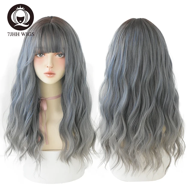 7JHH WIGS Blue Deep Wave Wig With Bangs For Women Long Omber Brown Hair Layered Heat Resistant Cosplay Party Synthetic Wig C8269-4