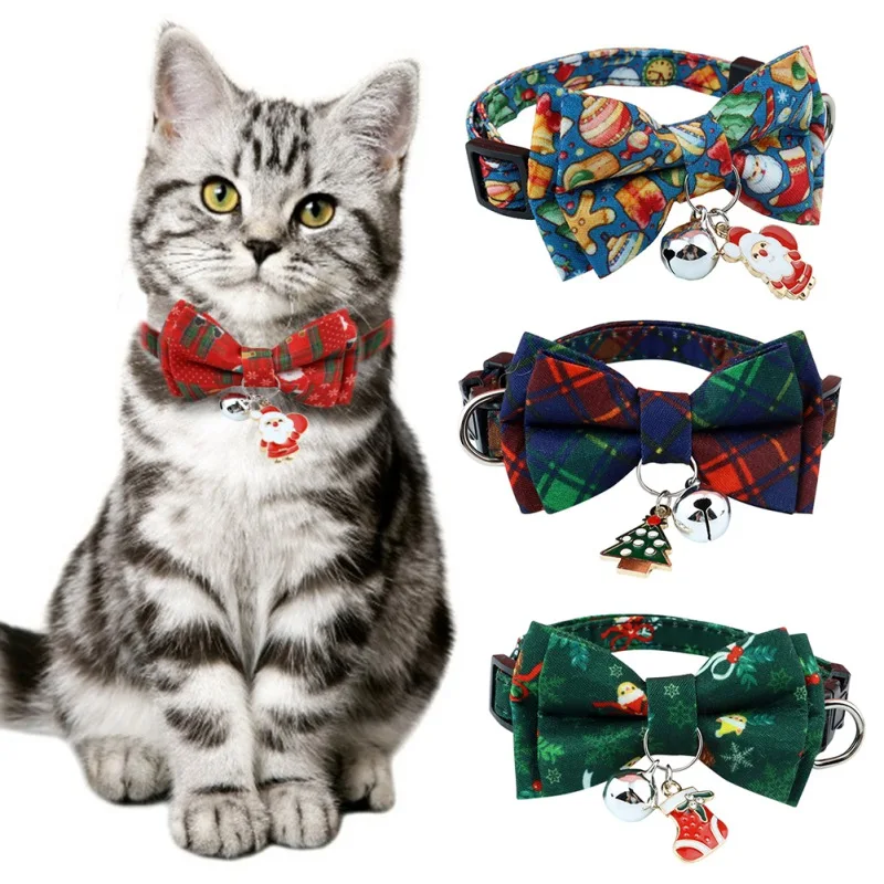 Christmas Bowknot Cat Dog Collar with Bell Adjustable Breakaway Pet Puppy Kitten Safety Buckle Bowtie 2026 New Year Gifts