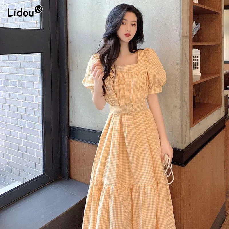 

Casual Belt Puff Sleeve Square Collar Empire Dresses Slim Plaid Summer Brocade Mid-calf Pullover Women's Clothing Gorgeous Grace