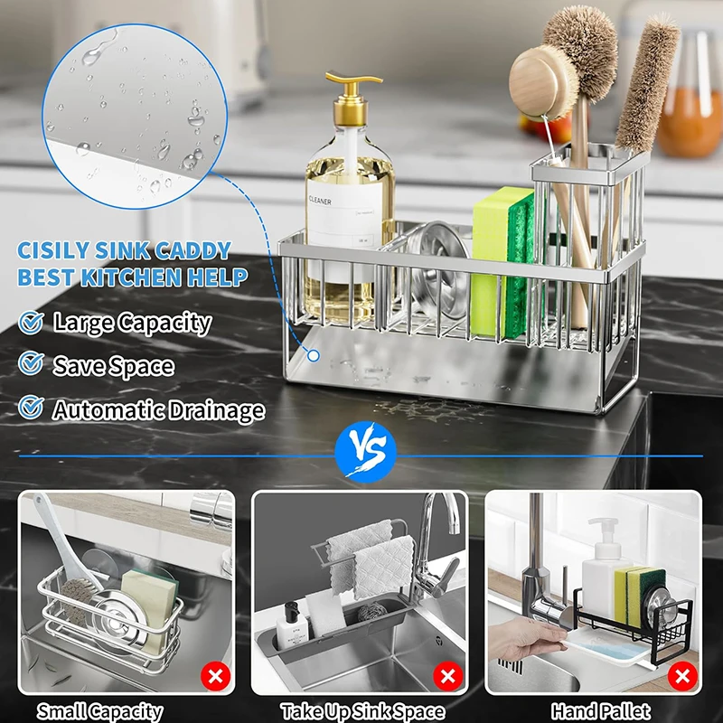 Sink Caddy Sponge Holder Sink Basket Brush Holder Dish Cloth Hanger Soap Rack Sink Stopper Holder Sponge for Kitchen 2