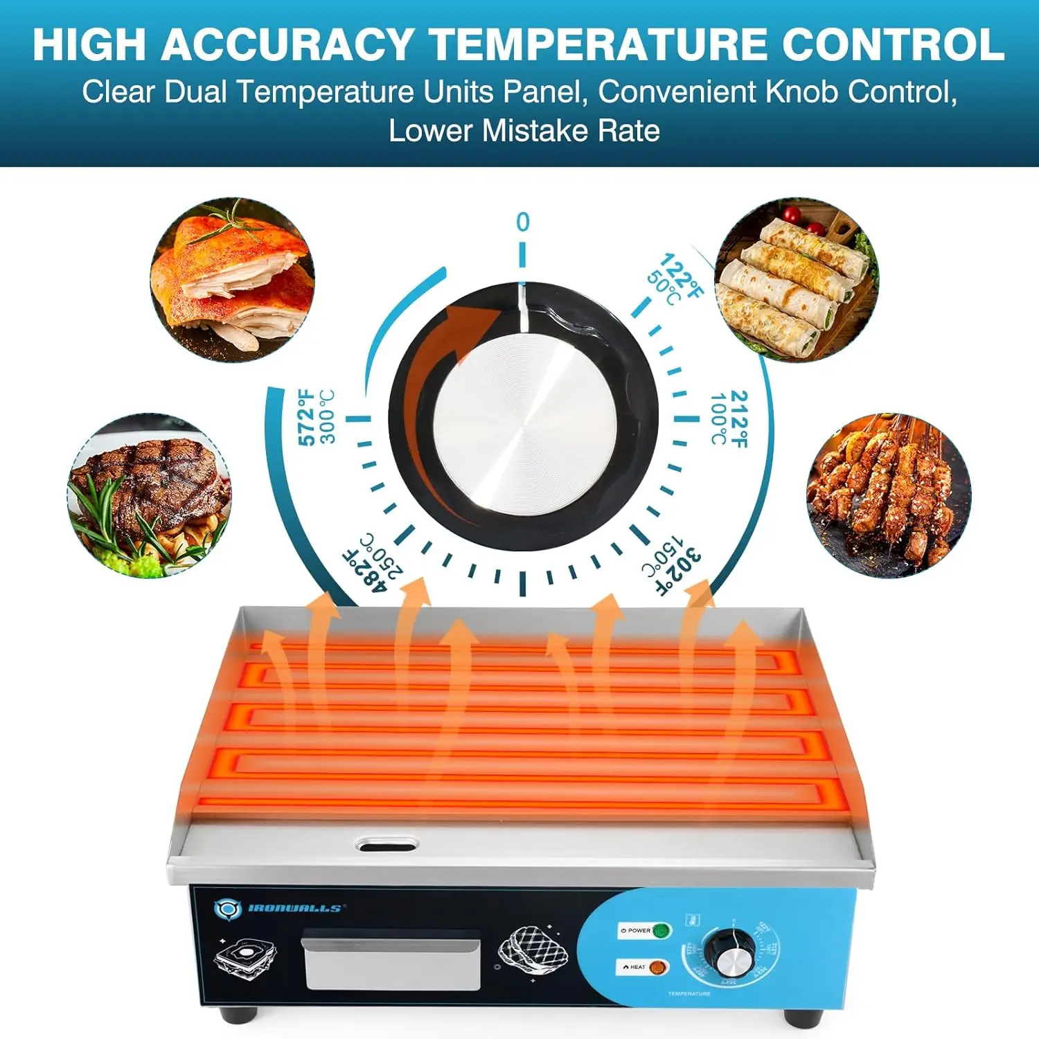 Electric 22”, 3000W Electric Flat Top Grill, Stainless Steel Countertop Electric Griddle Nonstick with 122~572℉Adjustable Temper 4