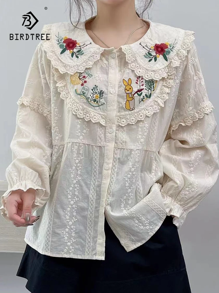 

New Autumn Cotton Embroidery Shirts Women Peter Pan Collar Tops Girl Long Sleeve Loose Blouses Age Reduction Spring T39816QC