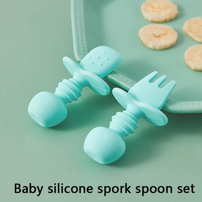 

2Pcs/Set Baby Soft Silicone Fork Spoon Food Gard Safe BPA Free Dishes Infant Kids Feeding Dinnerware Toddler Training Tableware
