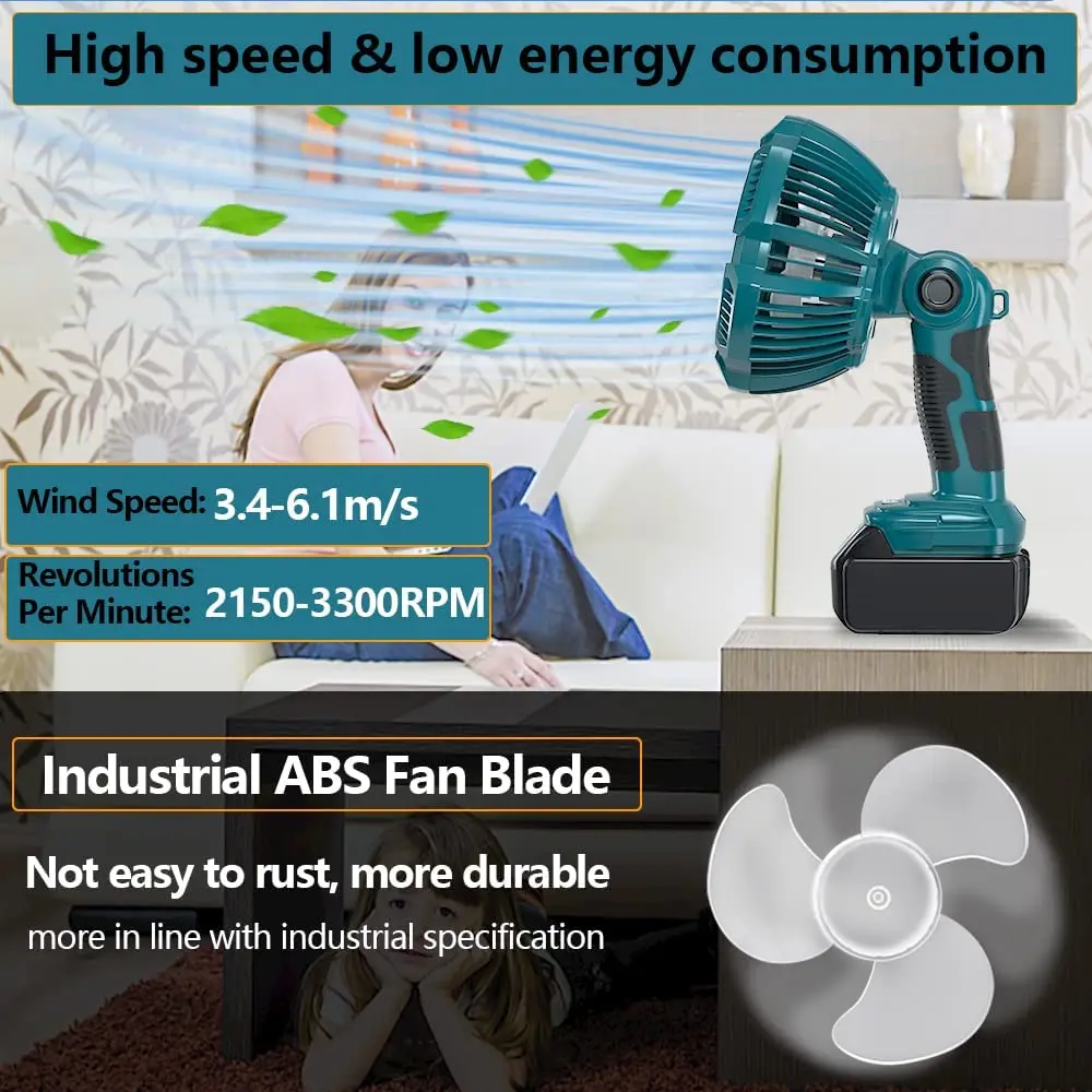 LED 조명 다기능 야외 팬 마키타 18V 무선 팬, 접이식 후크 원격 제어 캠핑 팬