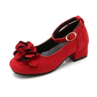 Girls High Heels Shoes for Wedding Party Kids Princess Leather Shoes with Floral Children Red Performance Shoes Flock Fabric 1