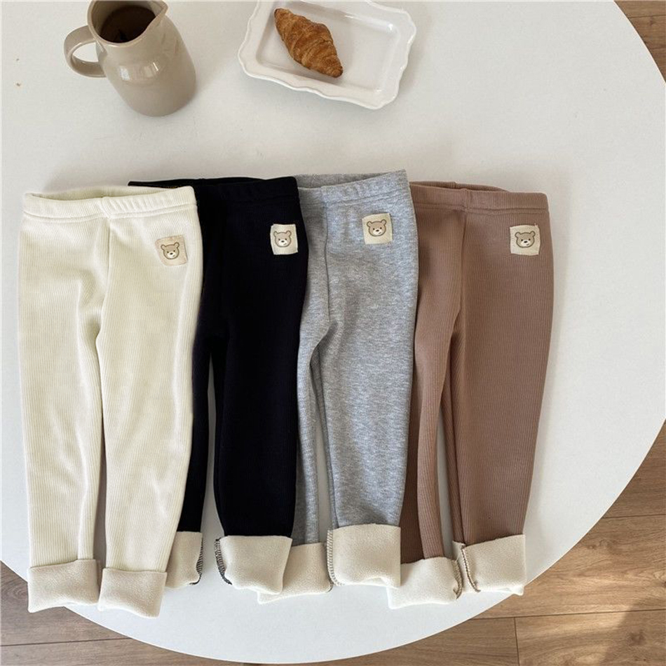 Children Warm Plush Solid Color Pants Fashion Cute Animal Cartoons Stretchy and Comfy Autumn and Winter Seasons Kids Pants 1-8Y