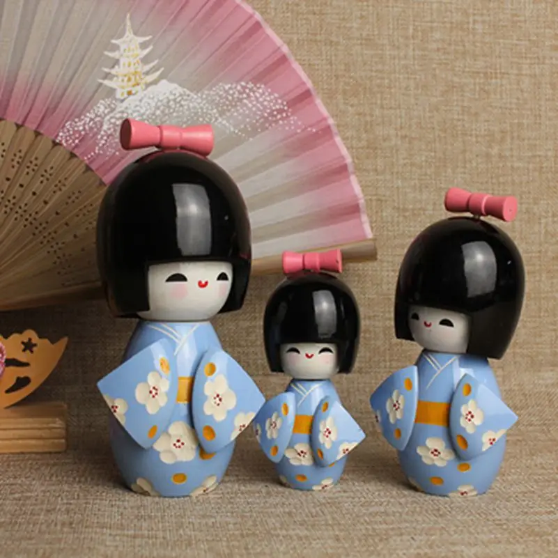 

3pcs 8-12cm Japan Skyblue Kokeshi Girls Wooden Dolls 12cm 10cm 8cm