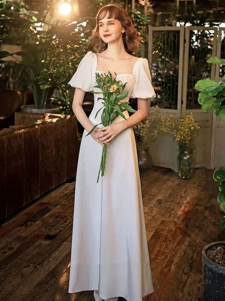 Satin Wedding Gown A-Line Sweetheart Puff Sleeve Wedding Dress Ruched  ウデングドレス Sweep Train Lace-Up  Simple Bride robe de mariée