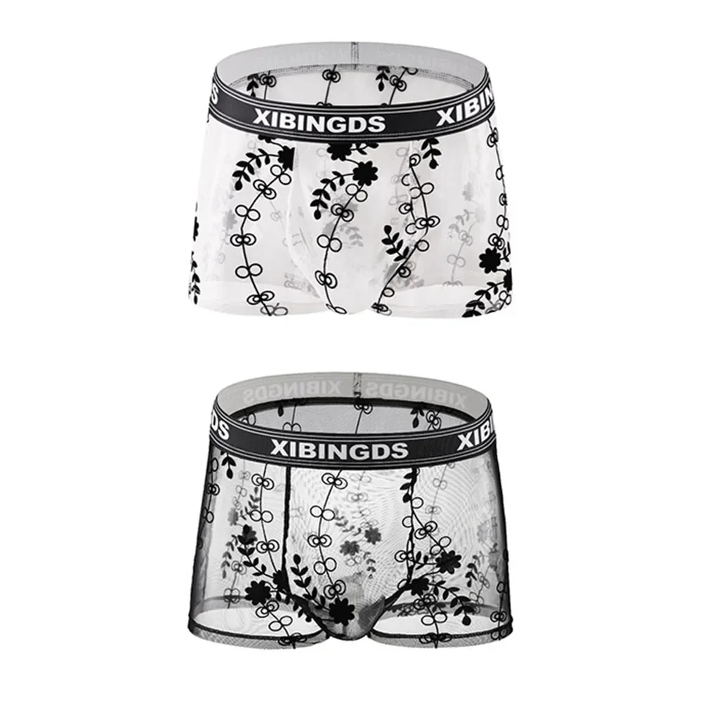 Mens Underwear See Through Mesh Boxer Briefs Sexy Lace Breathable Pattern Sleep Bottoms Sexy Shorts U Convex Pouch