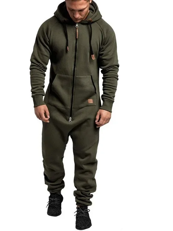 Men Jumpsuit Solid Long Sleeve Hooded Thick Playsuits Male Zipper Hoodies Romper Autumn One Piece Sets Casual Straight 5
