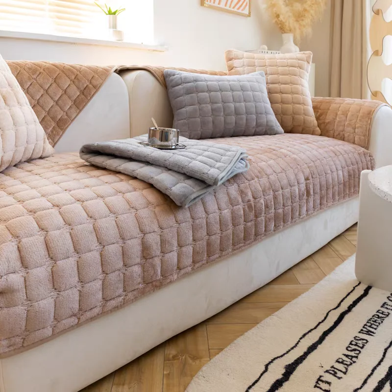 Thickened Flannel Sofa Cushion Simple Plaid Velvet Plush Non-Slip Cushion Leather Dustproof Living Room Sofa Cover Armrest Towel