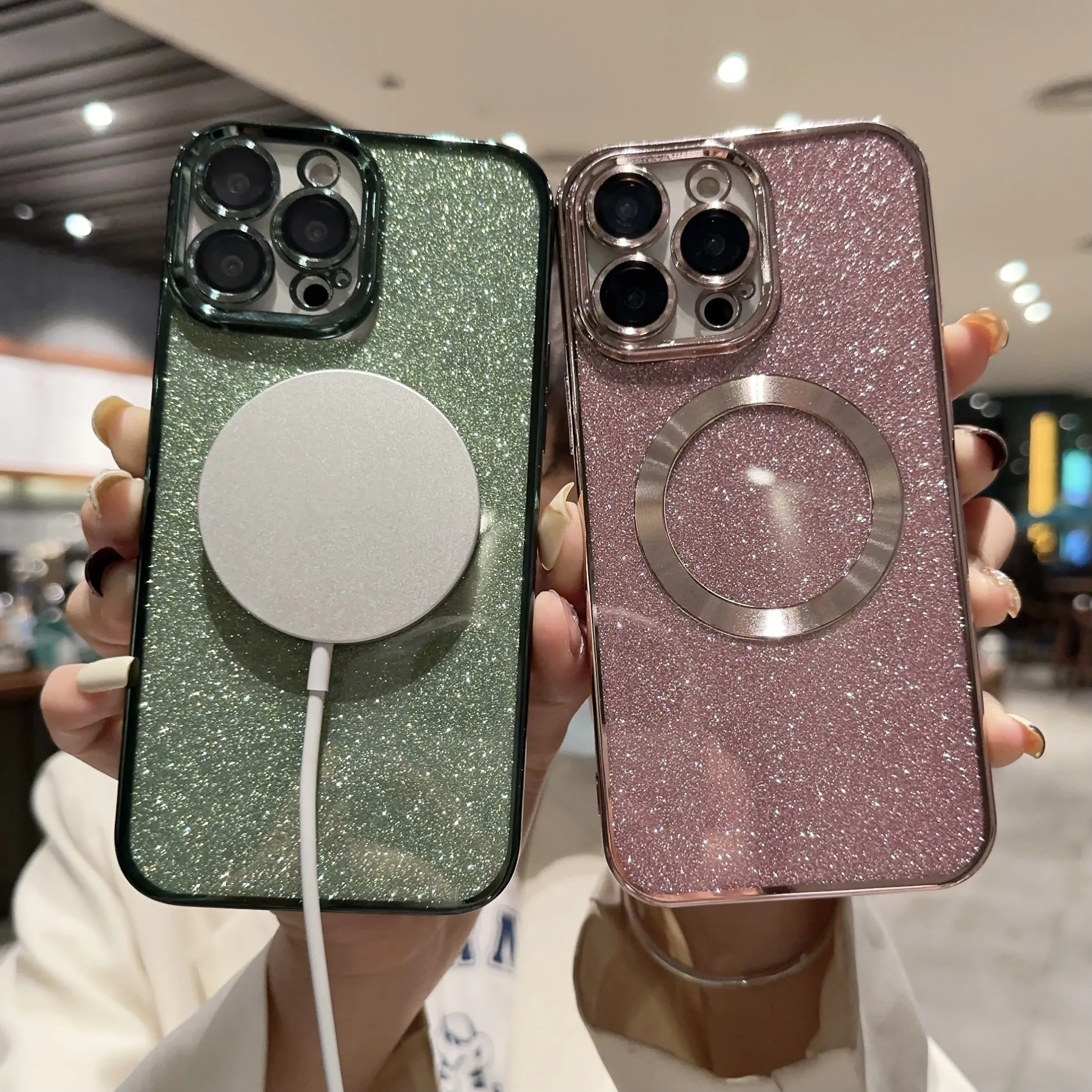 Electroplated Magnetic Wireless Charging PC Protection Cover For iPhone 14 13 12 11 Pro Max Plus Glitter Lens Film Phone Case