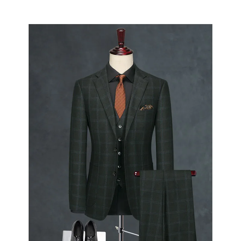 

2023 Plaid Latest Blue Men Suit Jacket Vest Pants Notched Lapel Designs Slim Fit Blazer 3 Pieces Groom Men Suits Custom Terno