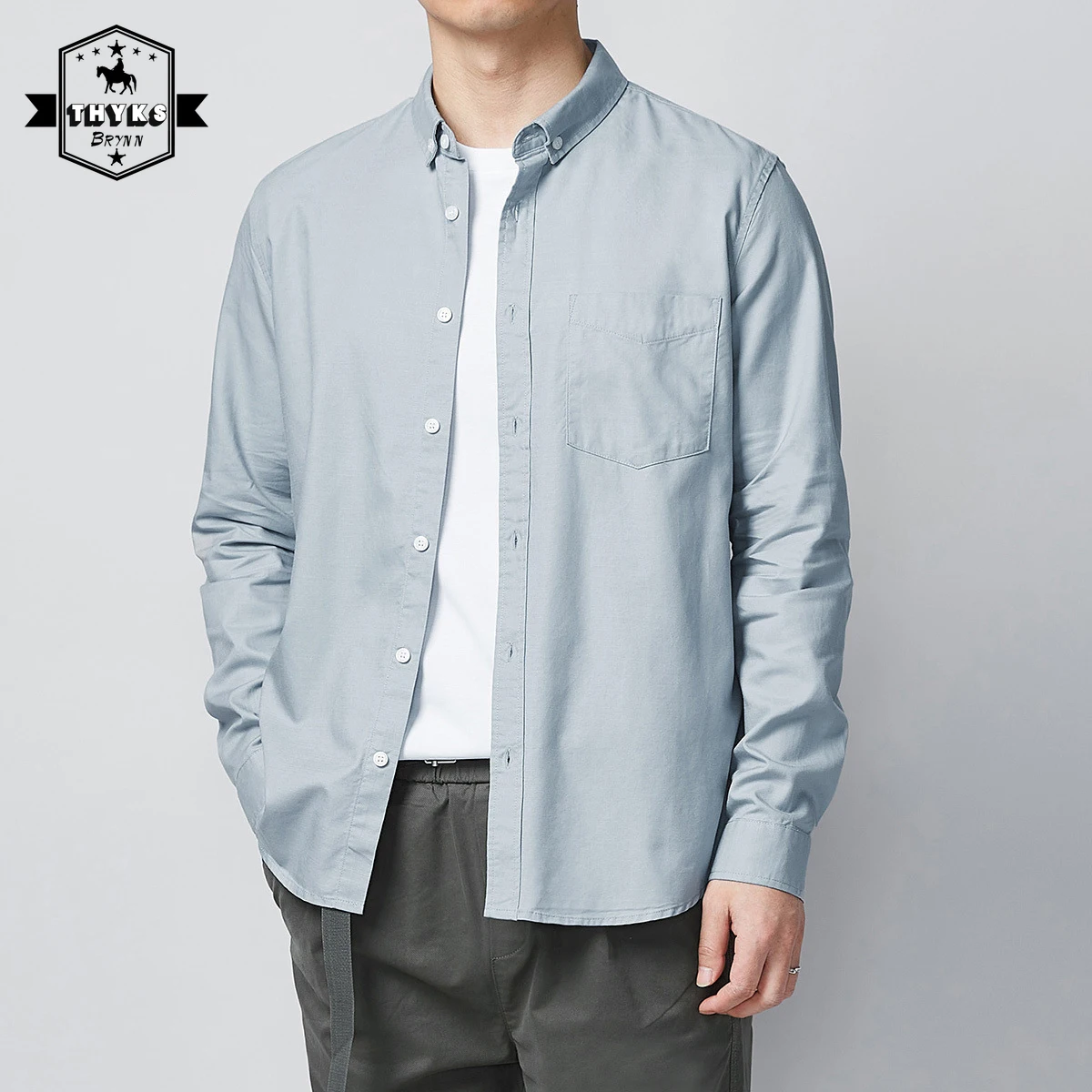 

Men Long Sleeve Solid Casual Shirts Front Pocket Regular-fit Button-down Collar Thick Lyocell Simple Work Shirt 2022 Spring New