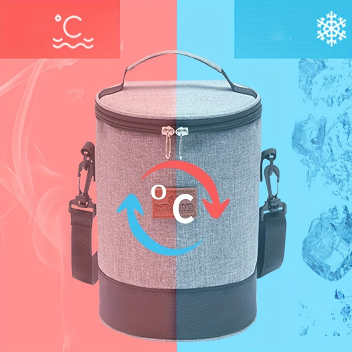 Round Thermal Bag Aluminium Foil Lunch Box Bag Cylinder Bento Shoulder Waterproof Large Capacity Lunch with Suitab