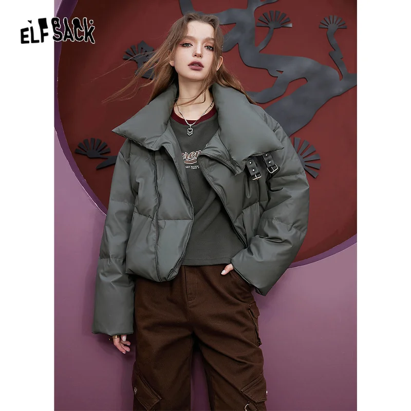 ELFSACK Solid Color Warm Down Coats Women 2023 Winter Loose Short Casual Outwears