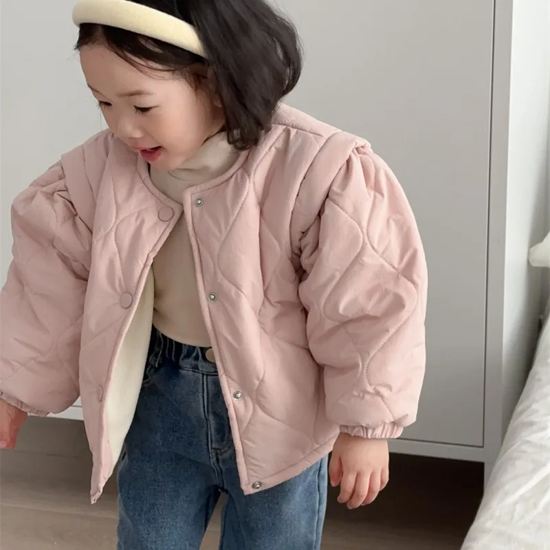 Girls Coat Winter New Childrens Wear Korean Baby Girl Foreign Cute Solid Color Plus Fleece Cotton Jacket Casual Simple