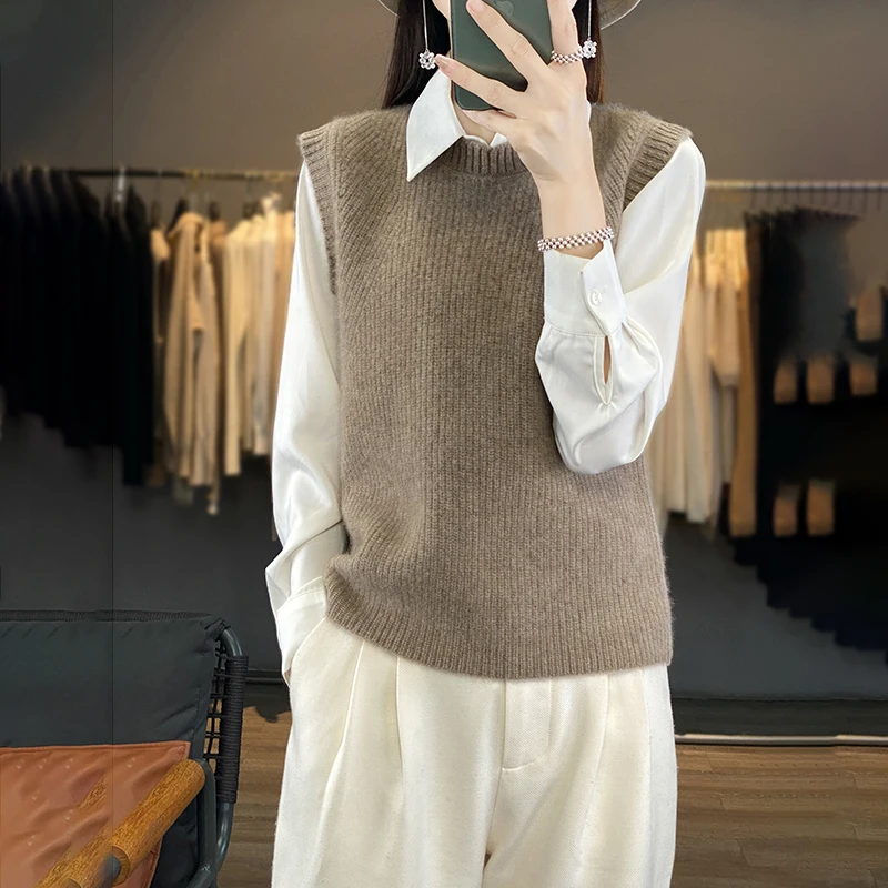 

Women's 100% Merino Wool Sleeveless Sweater, Round Neck Pullover, Loose Cashmere Vest Tops, Autumn and Winter Fashion, New, 2024