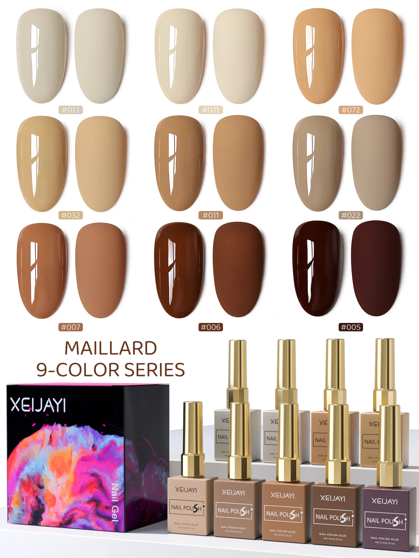 XEIJAYI 9PCS 15ml Brown Nude Gel Nail Polish Set, Soak-Off UV LED