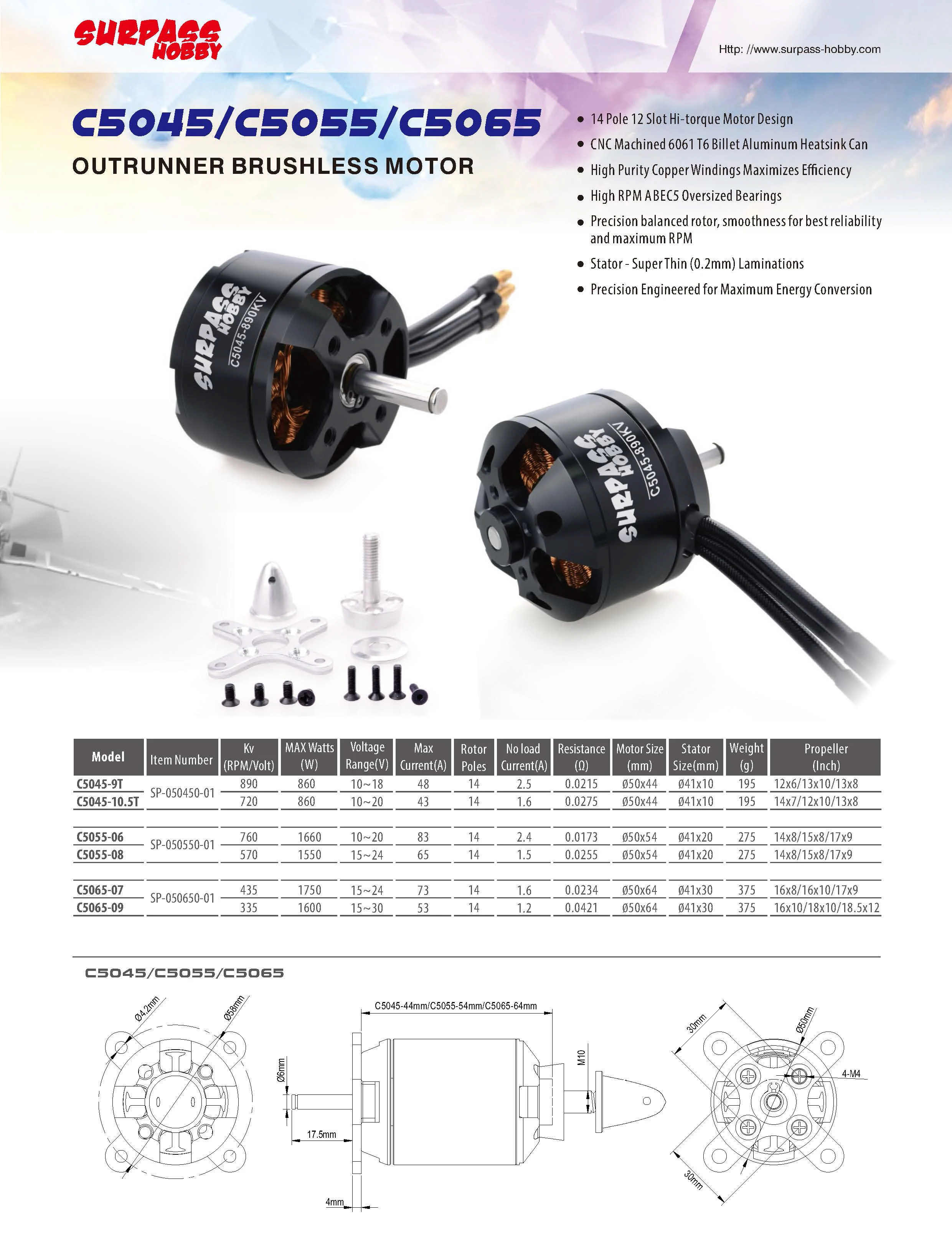 Moteur brushless RC haute performance C5055 C5065 C6354 pour bateau, vue arrière avec l'axe de rotation