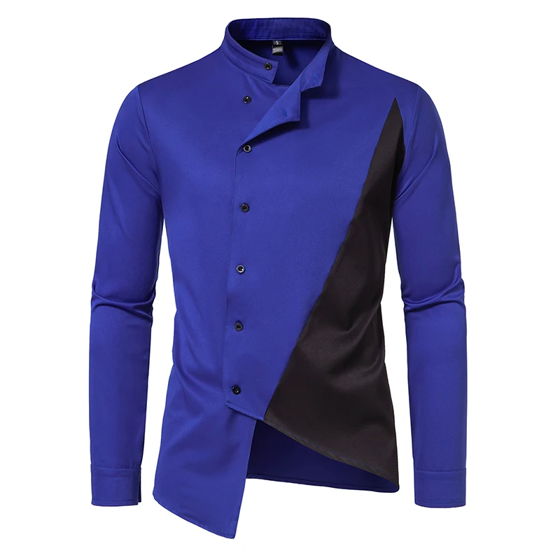 Mens Royal Blue Stand Collar Dress Shirts Trend Splicing Asymmetrical Shirt Party Banquet Regular Fit Long Sleeve Social Shirts