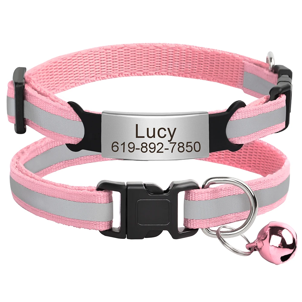 Reflective Cat Collar Personalized Safety Breakaway Cats Collars with Bell Quick Release ID Nameplate Necklace Free Engraving 4