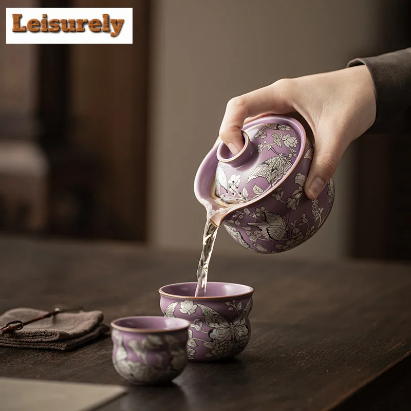 Gilt Silver Butterflies In Love With Flowers Gourd Travel Tea Set Kit Retro 1 Pot 2 Cups Tea Making Organizer Portable Handbag