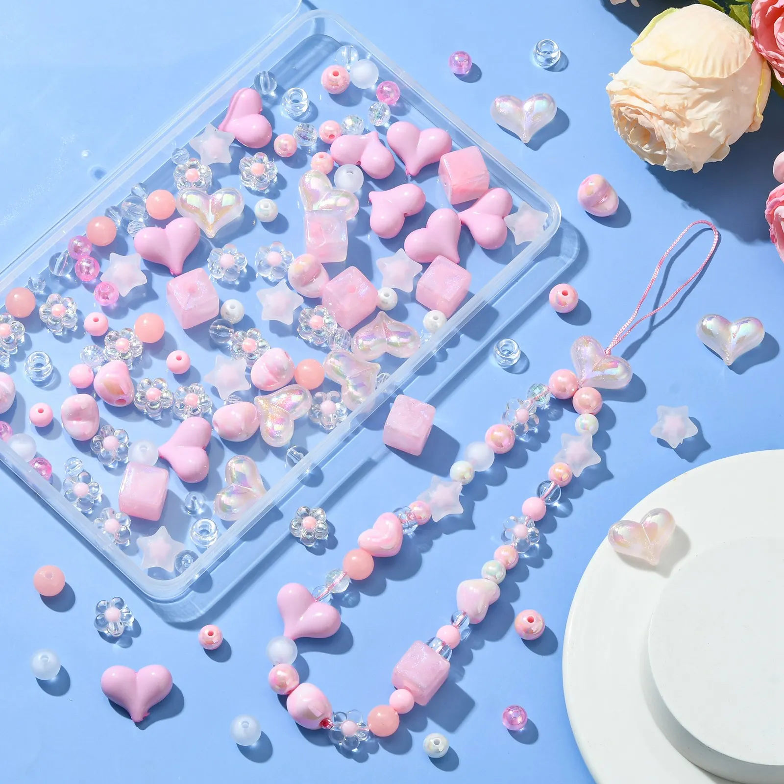 100 Stück rosa Acryl perlen Kit Acryl rosa verschiedene Perlen Kunststoff Bogen Herz runde Perlen Bulk für Schmuck machen DIY Handwerk – Detail 8