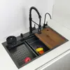 Kitchen Sink honeycomb anti-scratch nano technology left drain Above Mount Washing Basin Stainless Steel sinks waterfall faucet 2