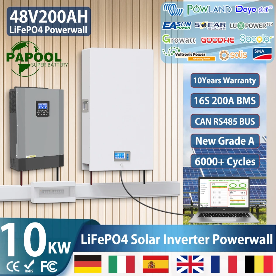 

48V Powerwall 100Ah 200Ah LiFePO4 Battery 6000+ Cycle CAN RS485 16S BMS 51.2V 5Kw 10Kw For PV Solar Off/On Grid 10Years Warranty