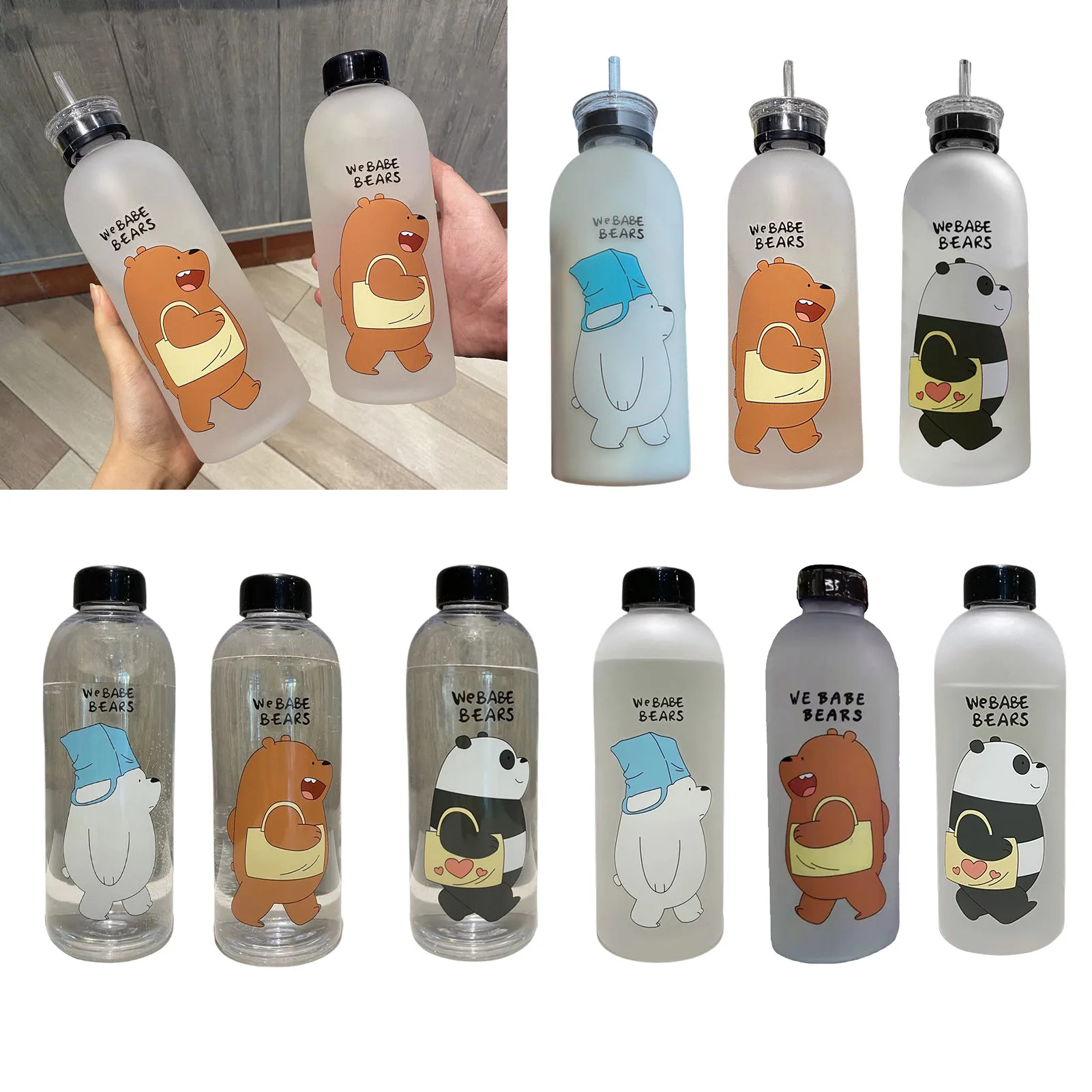 1000 ml Water Bottles Leakproof Straw Cute Panda Bear Large Capacity Travel