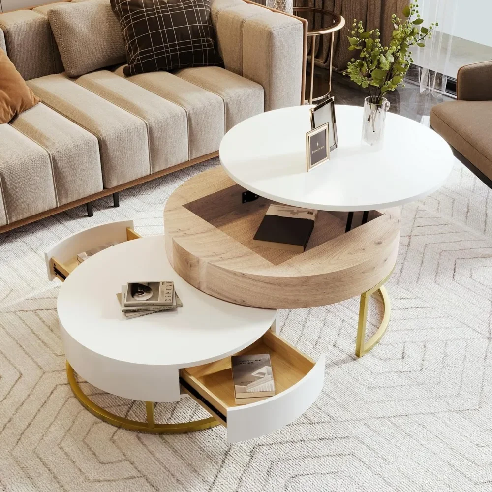 Round Lift-top Nesting Coffee Tables with 2 Drawers for Living Room, Coffee Table 3