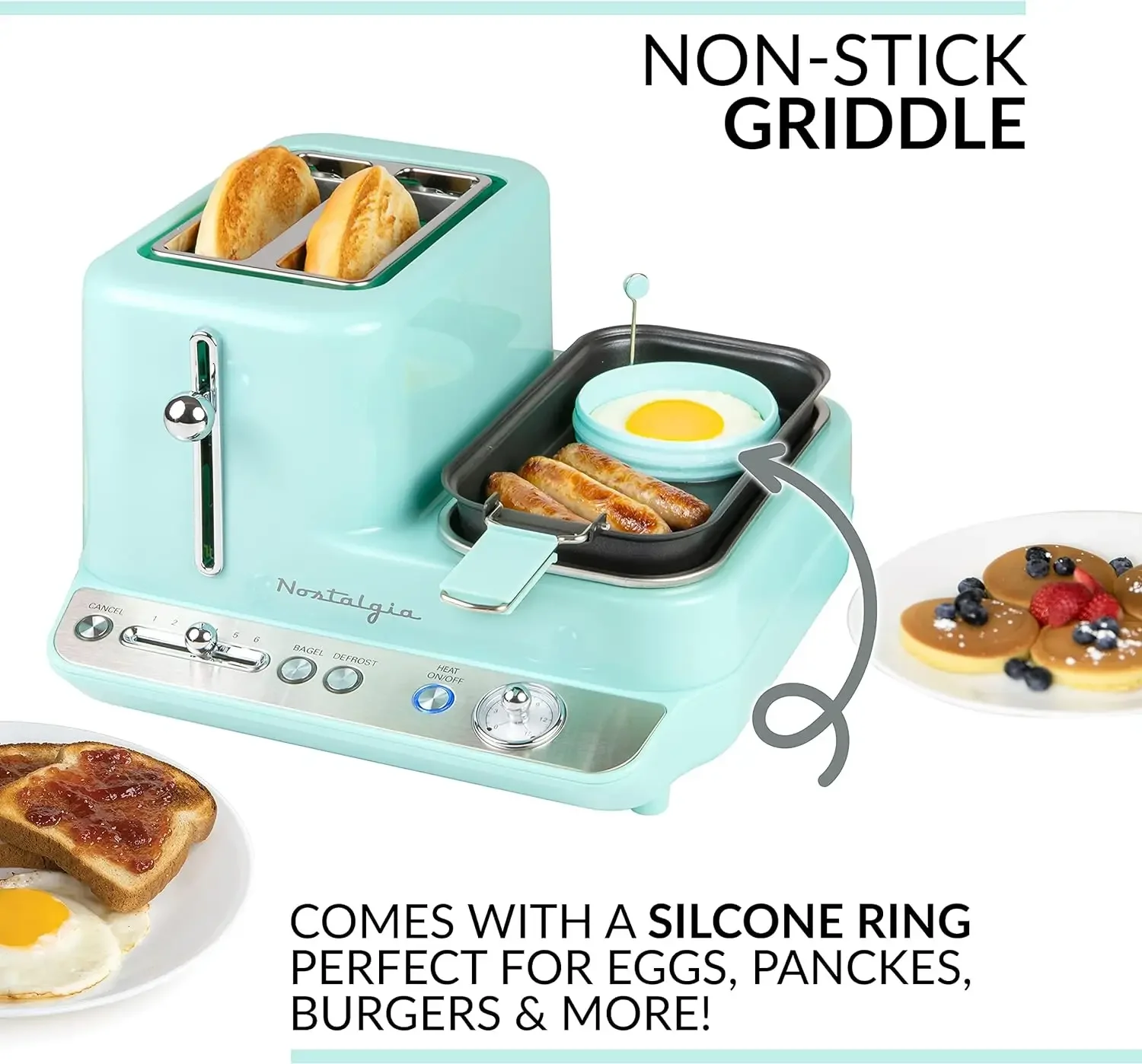 NEW Classic Retro 3-in-1 Breakfast Station, 2-Wide Slot Toaster With Adjustable Toasting Control, Non-Stick Griddle