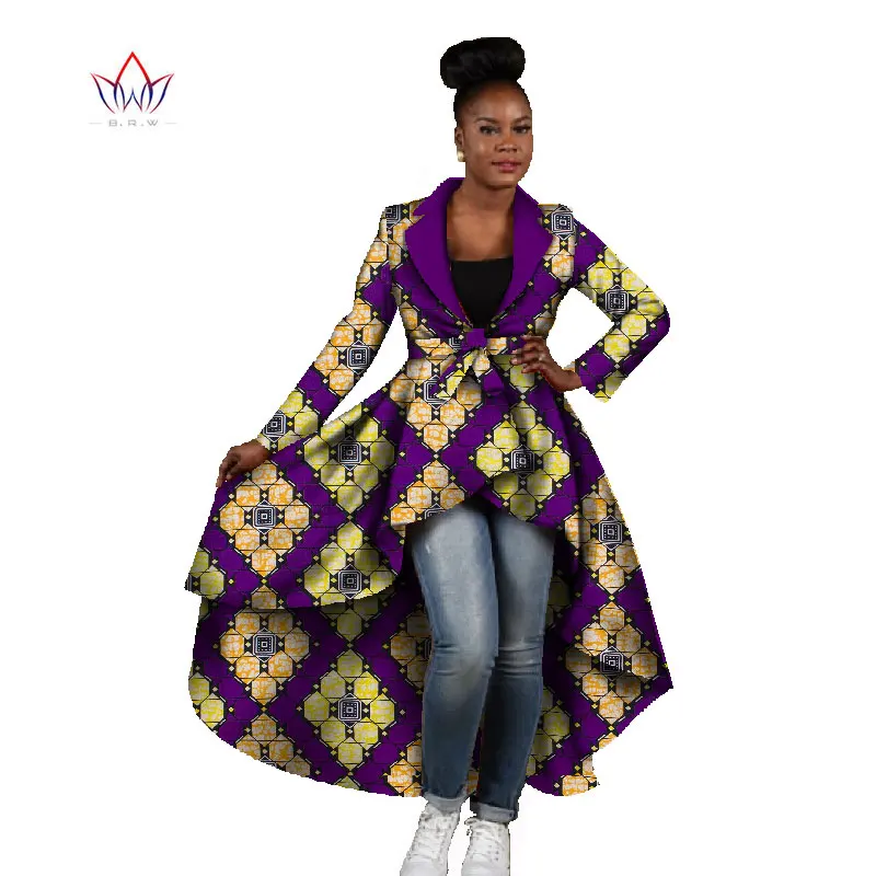 Bintarealwax African Trenchcoat For Women Dashiki Turn Down Collar Outwear For Lady Bazin Riche